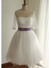 Polka Dots Tulle Elbow Sleeves Tea Length Wedding Dress